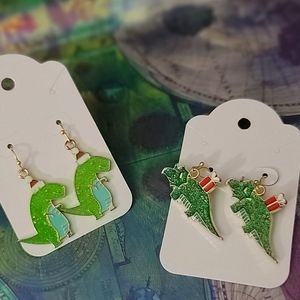 Handmade Have a Dino-myte Christmas Earrings Gold Plated Hypoallergenic Dinosaur